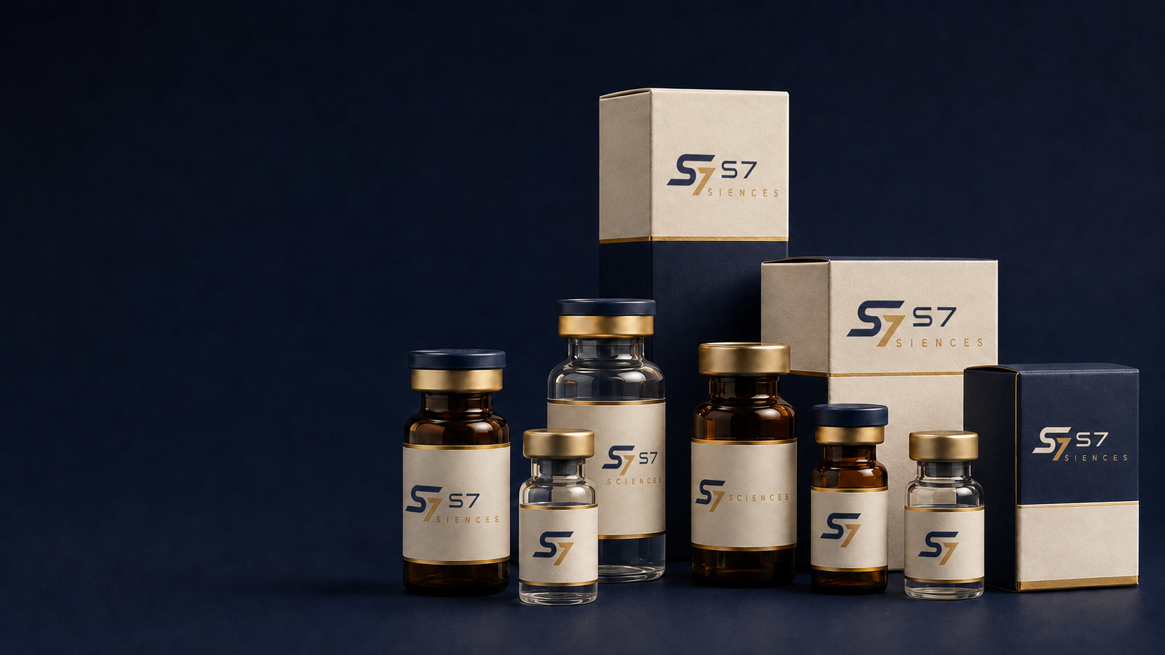 Research vials and cartons in the S7 Sciences brand palette